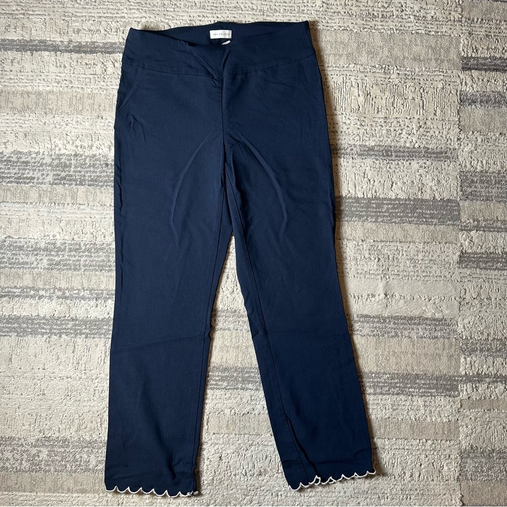 Van Heusen Navy Stretch Pants Women’s Size M Scalloped Hem, Pull-On Style - Picture 2 of 6